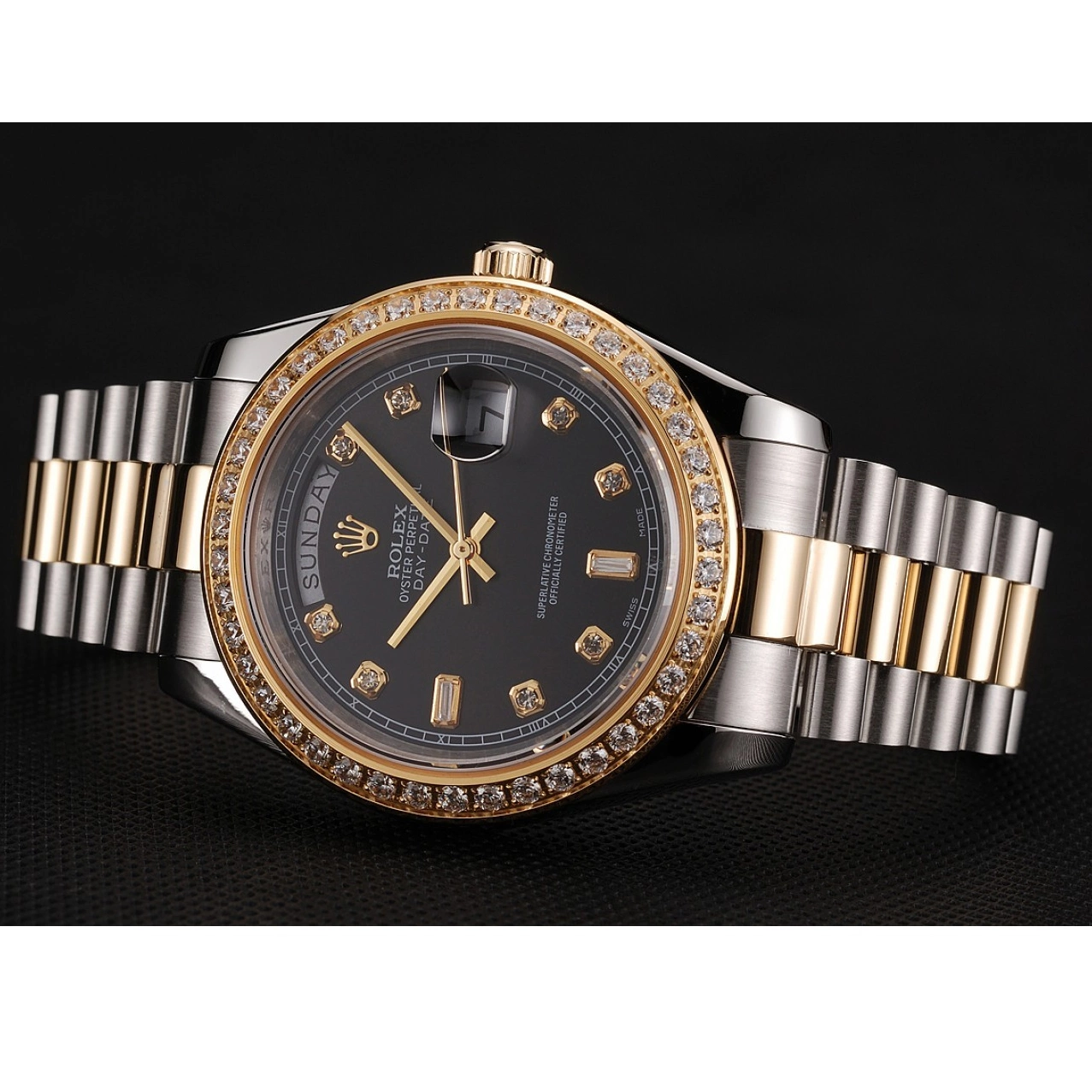 Rolex aaa copy Case Stainless Two Dial Day-Date Tone Black 1453976 Rolex Steel Swiss Bracelet Gold Diamond 0624